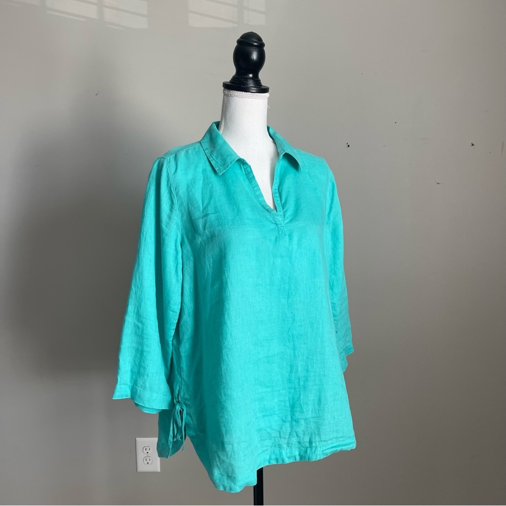 ISAAC MIZRAHI | Aqua 100% Linen Button Down Blouse Sz M - Picture 4 of 8